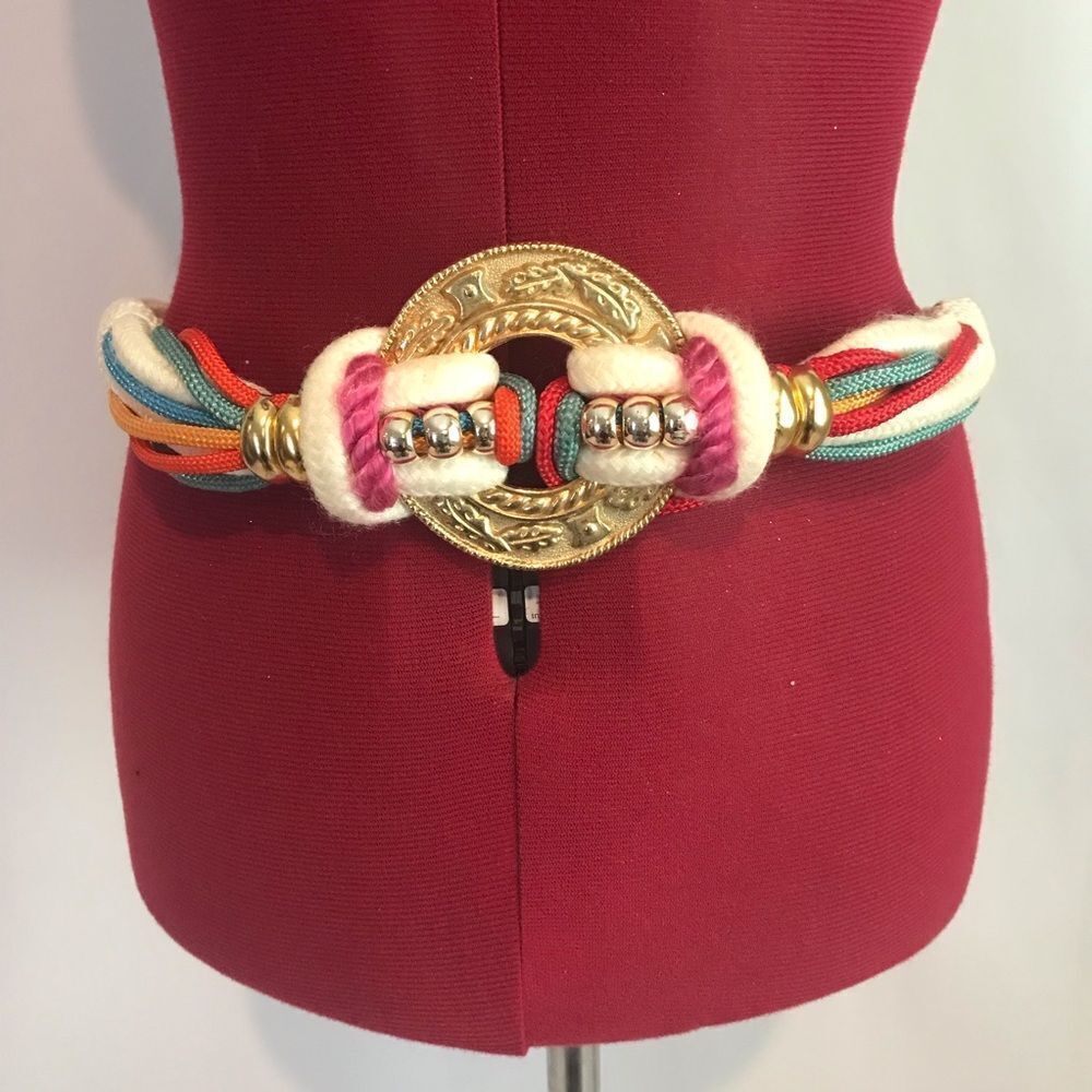 Bohemian Style Vibrant Multicolor Rope Belt Gold & Silver Details 32" Size Small